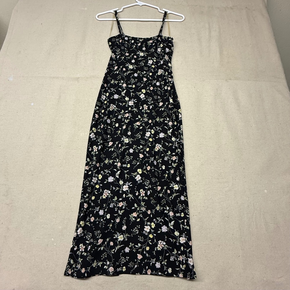 Active USA Black Floral Cami Maxi Dress Button Front D11515 Womens Medium